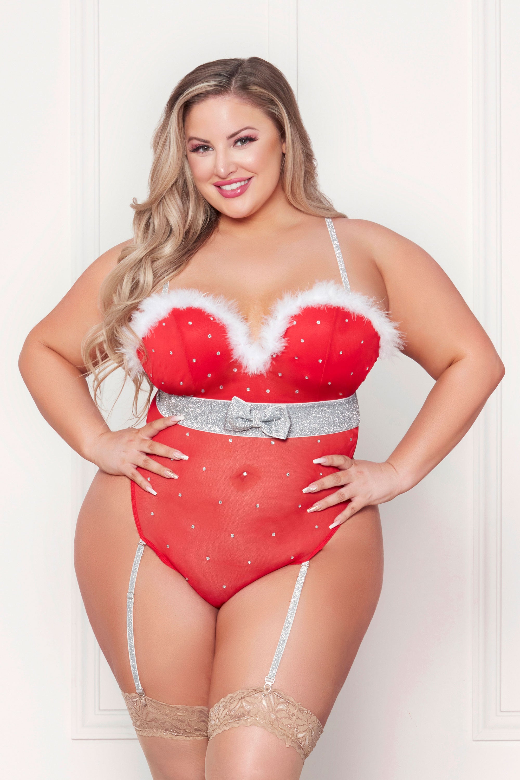 Rhinestone Studded Mesh Teddy With Marabou Trim - 1x/2x - Red STM-11470XR1X2