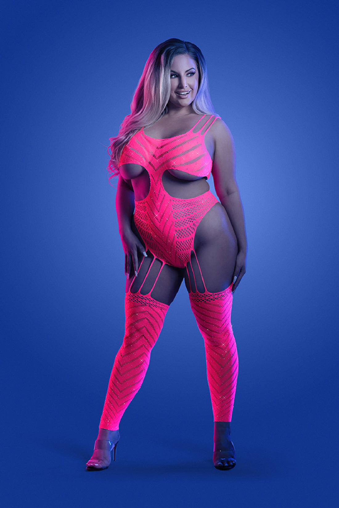 Wavelength Cutout Rhinestone Teddy Bodystocking - Queen - Neon Pink FL-GL2140-QS-B