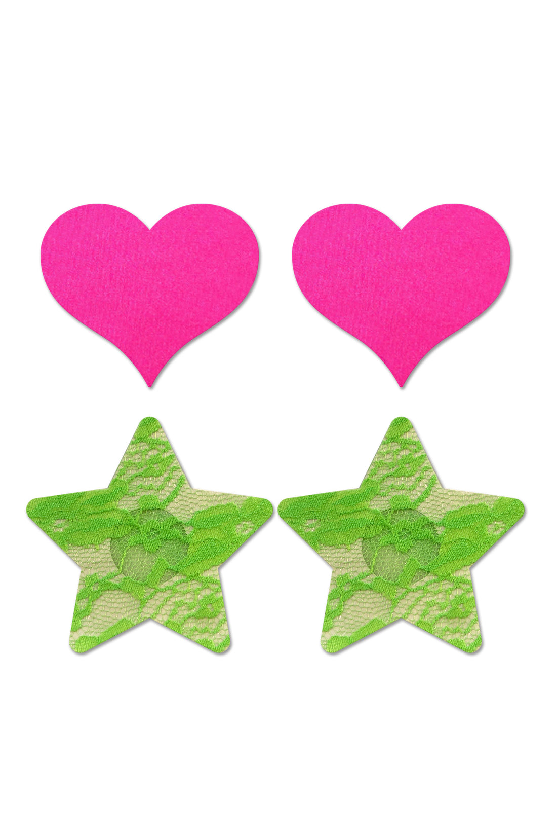 Fashion Pasties Set - Neon Pink Satin Heart and Neon Green Lace Star FL-FLA102NEON