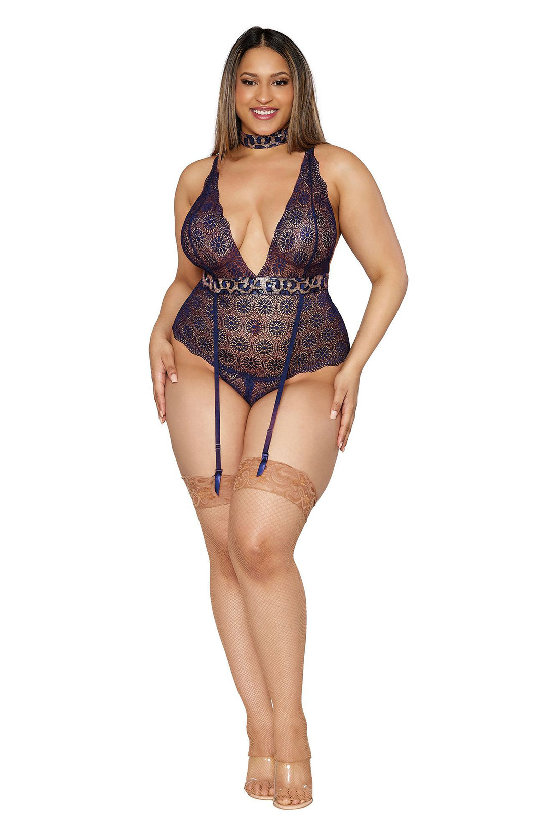 Garter Teddy and Choker - Queen Size - Nocturnal Blue DG-12672NBLUQ