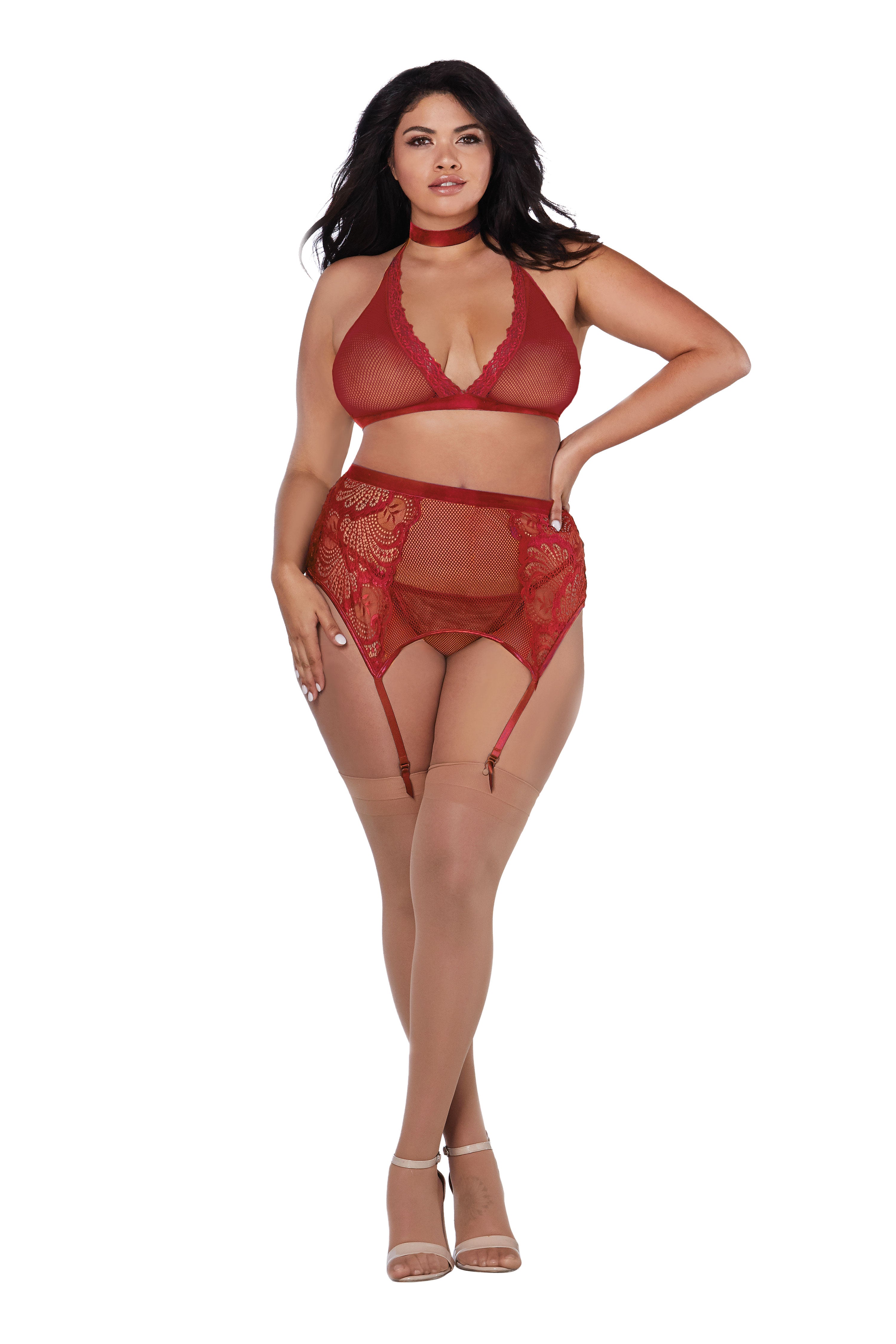 Bra, Garterbelt, &amp; G-String - Queen - Garnet DG-11776GARQ